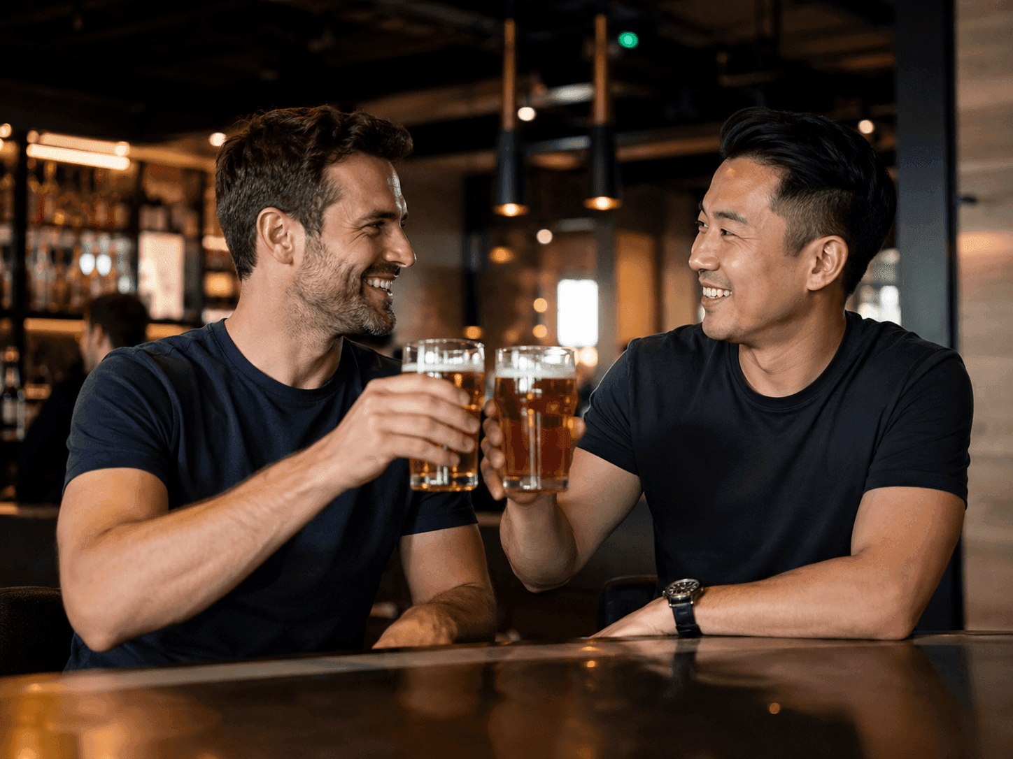 Two people chatting at a bar